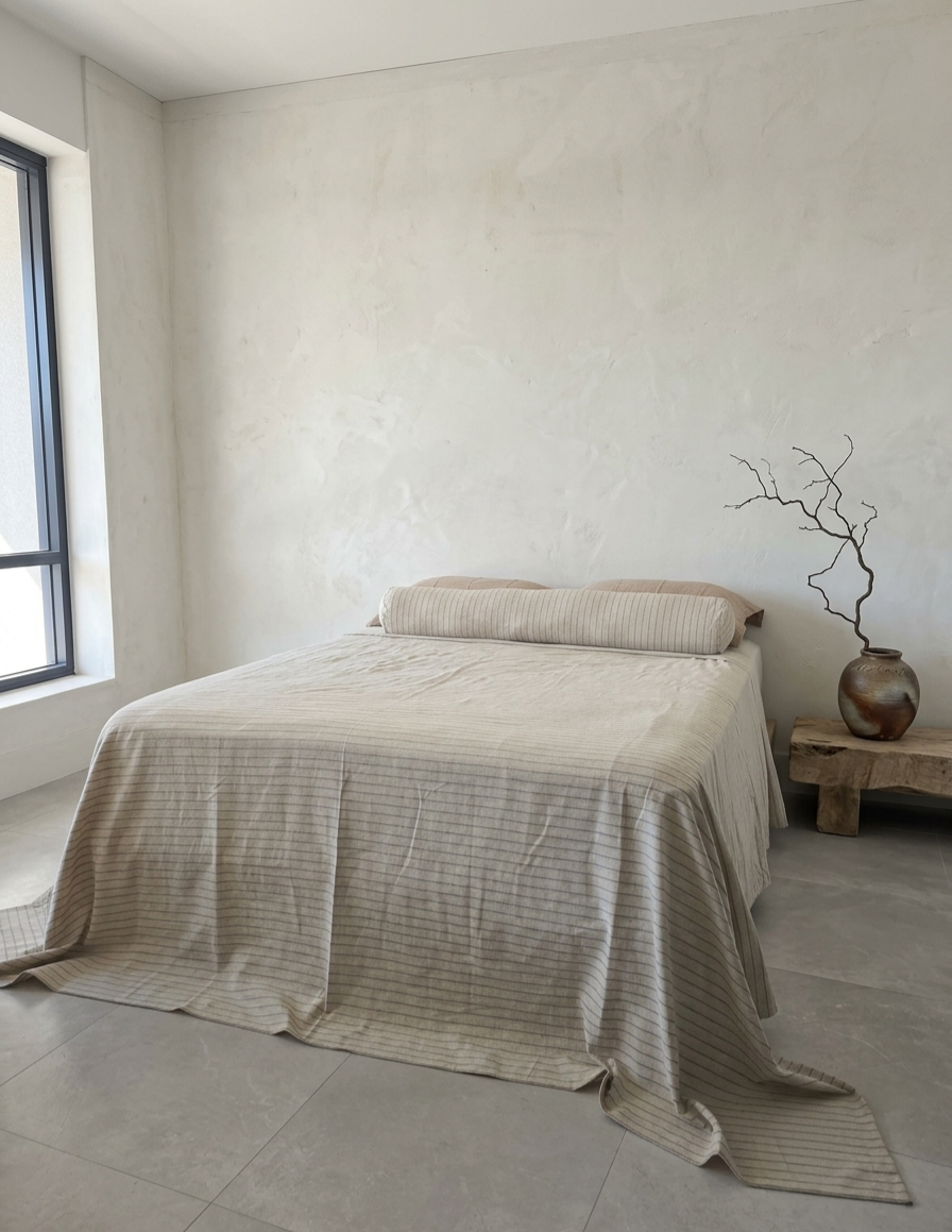 Lara Linen Cotton Massive Bed Cover 270cm x 270cm  - Oatmeal Stripe