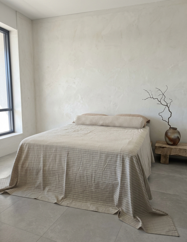 Lara Linen Cotton Massive Bed Cover 270cm x 270cm  - Oatmeal Stripe