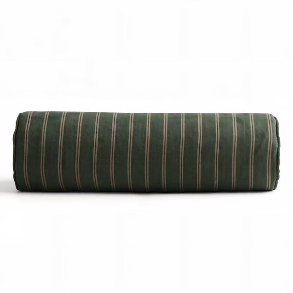 PREORER MID MAY | Arden 100% Linen Cushion Bolster 60cm Length - Forest Green | Pinstripe Light Tan