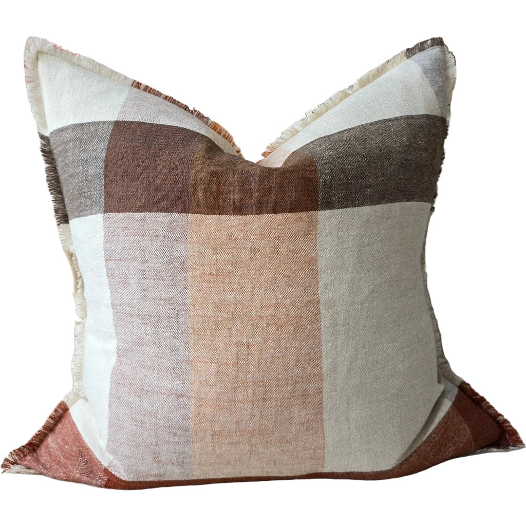 PREORDER EARLIER OF FEB DROP | LUMERE Yarn-Dyed Linen Cushion 55cm Square - Plaid in Warm Rust | Brown | Natural