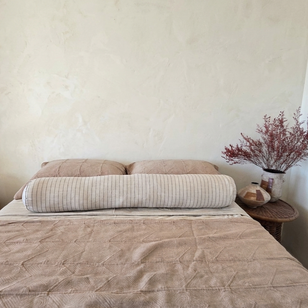 Lara Linen Cushion Long Bolster 120cm Length - Oatmeal Stripe