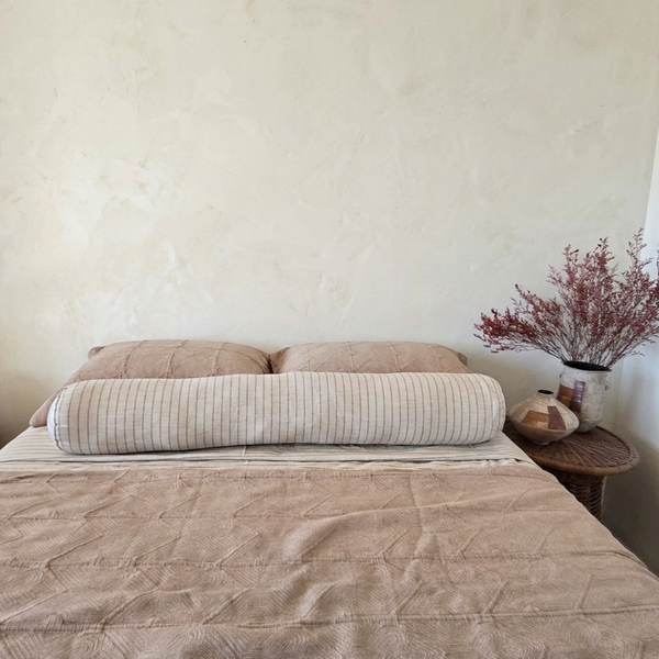 Lara Linen Cushion Long Bolster 120cm Length - Oatmeal Stripe