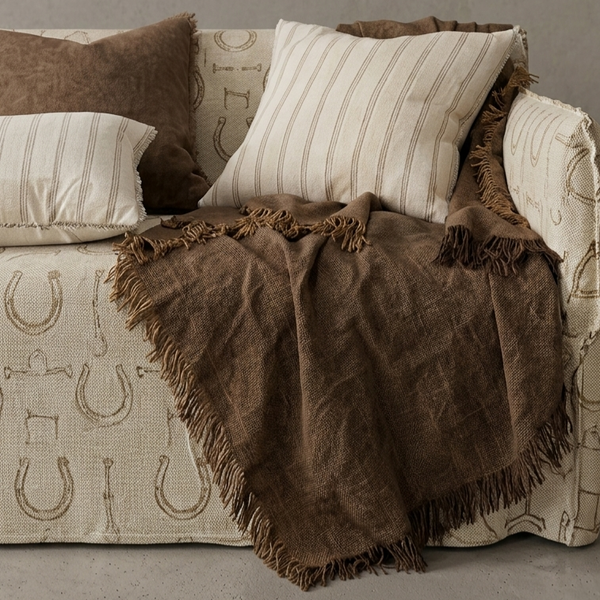 Della Heavyweight Pure Linen Massive Throw Bedcover 140cm x 220cm - Rust Dark Mocha Fringe