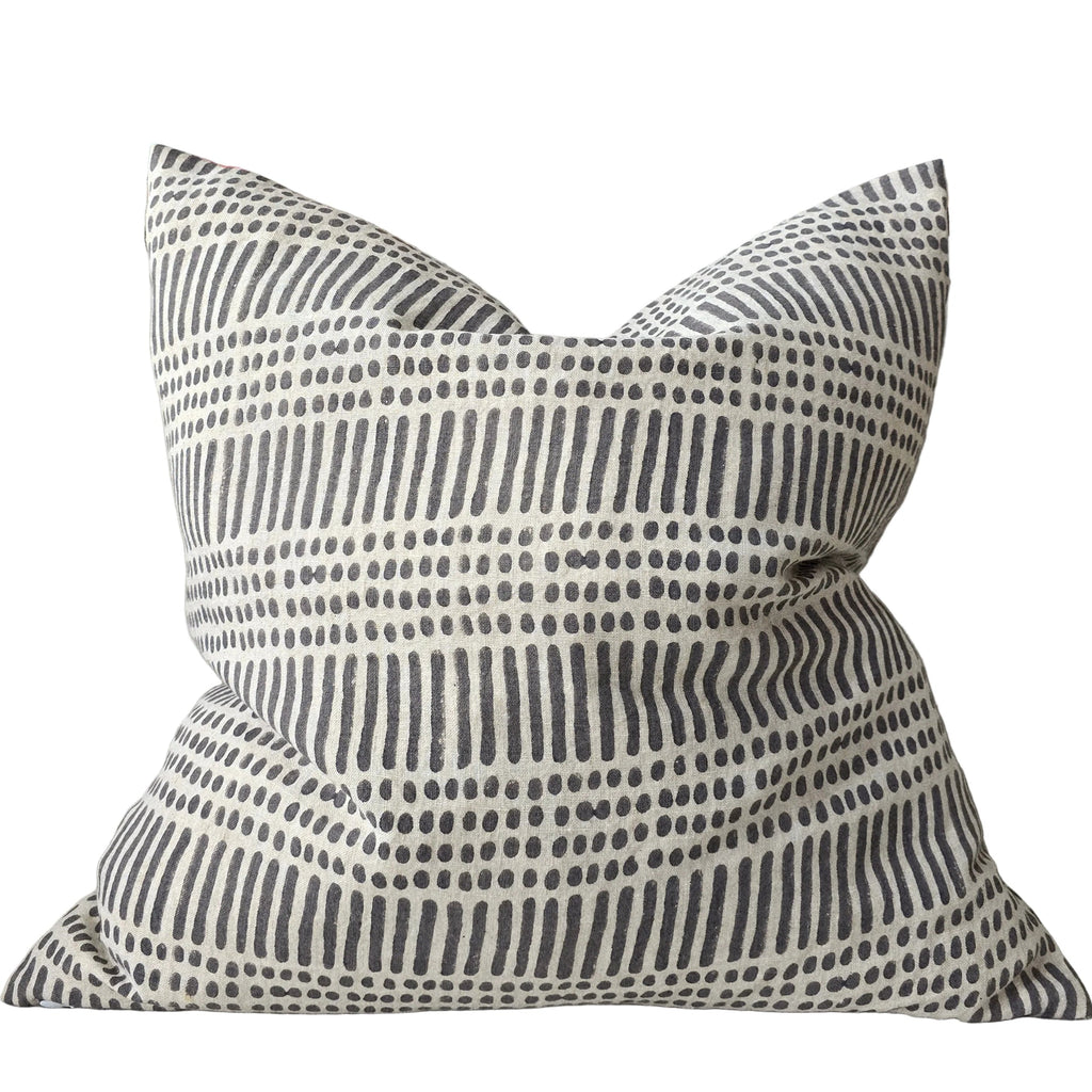 Kimpton Grey Artisan Block Printed Heavy Weight Pure French Linen Cushion 55cm Square