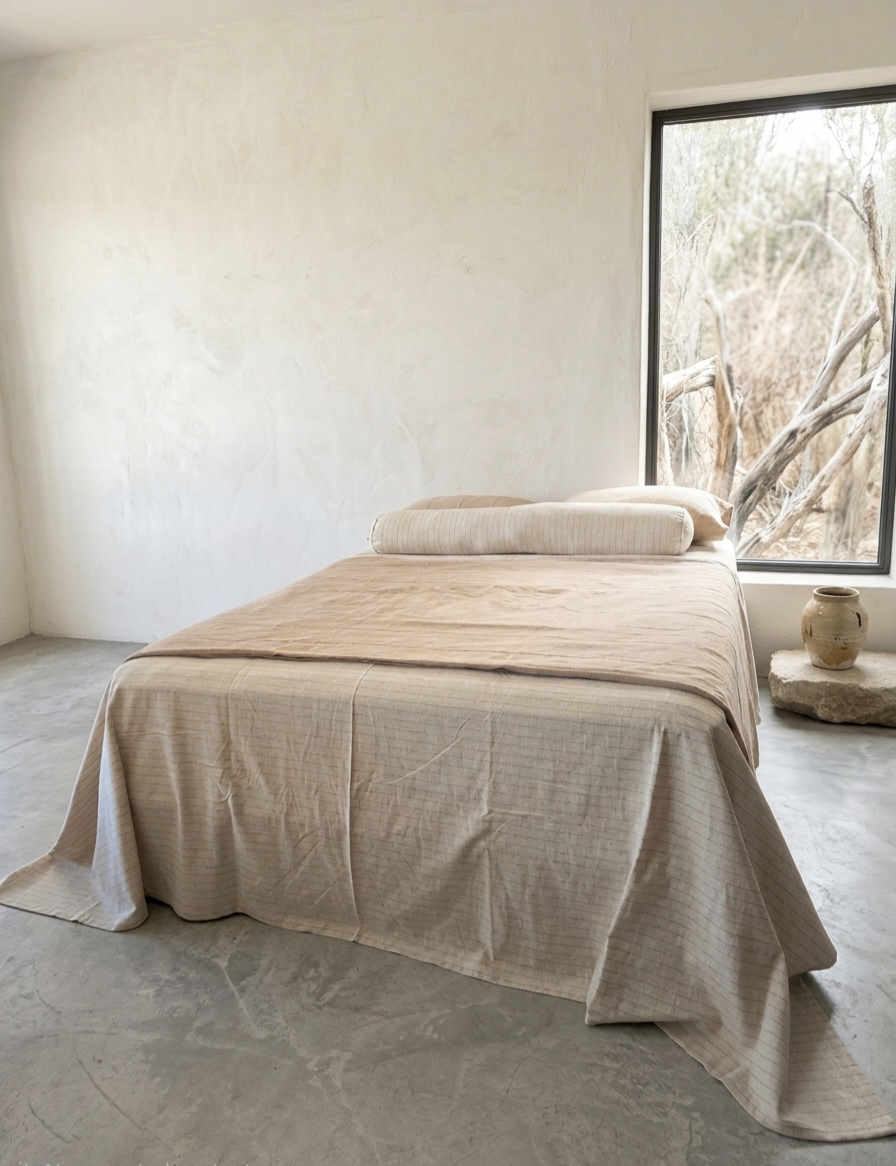 Lara Linen Cotton Massive Bed Cover 270cm x 270cm  - Natural Stripe