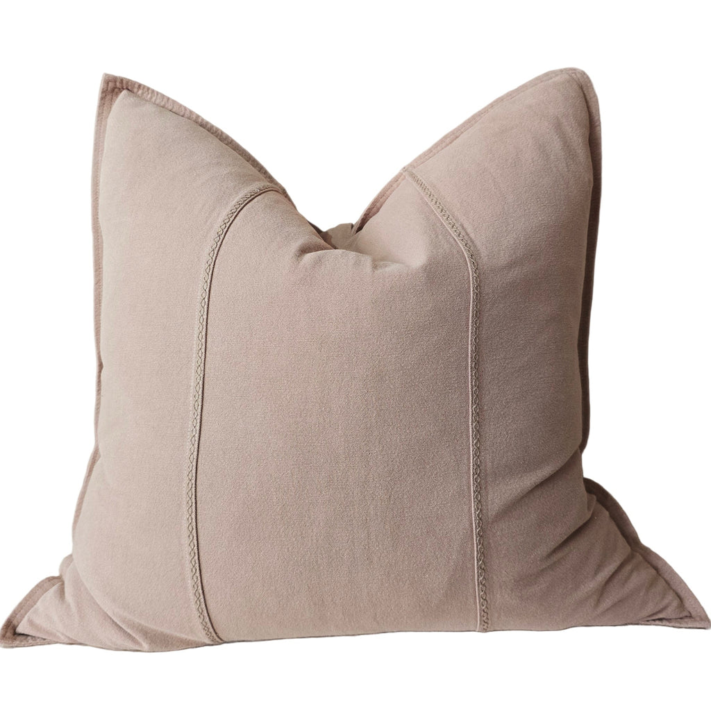 Eveleigh Stonewashed Linen Cotton Cushion 55cm Square - Dark Nude | Embroidery Double Striped