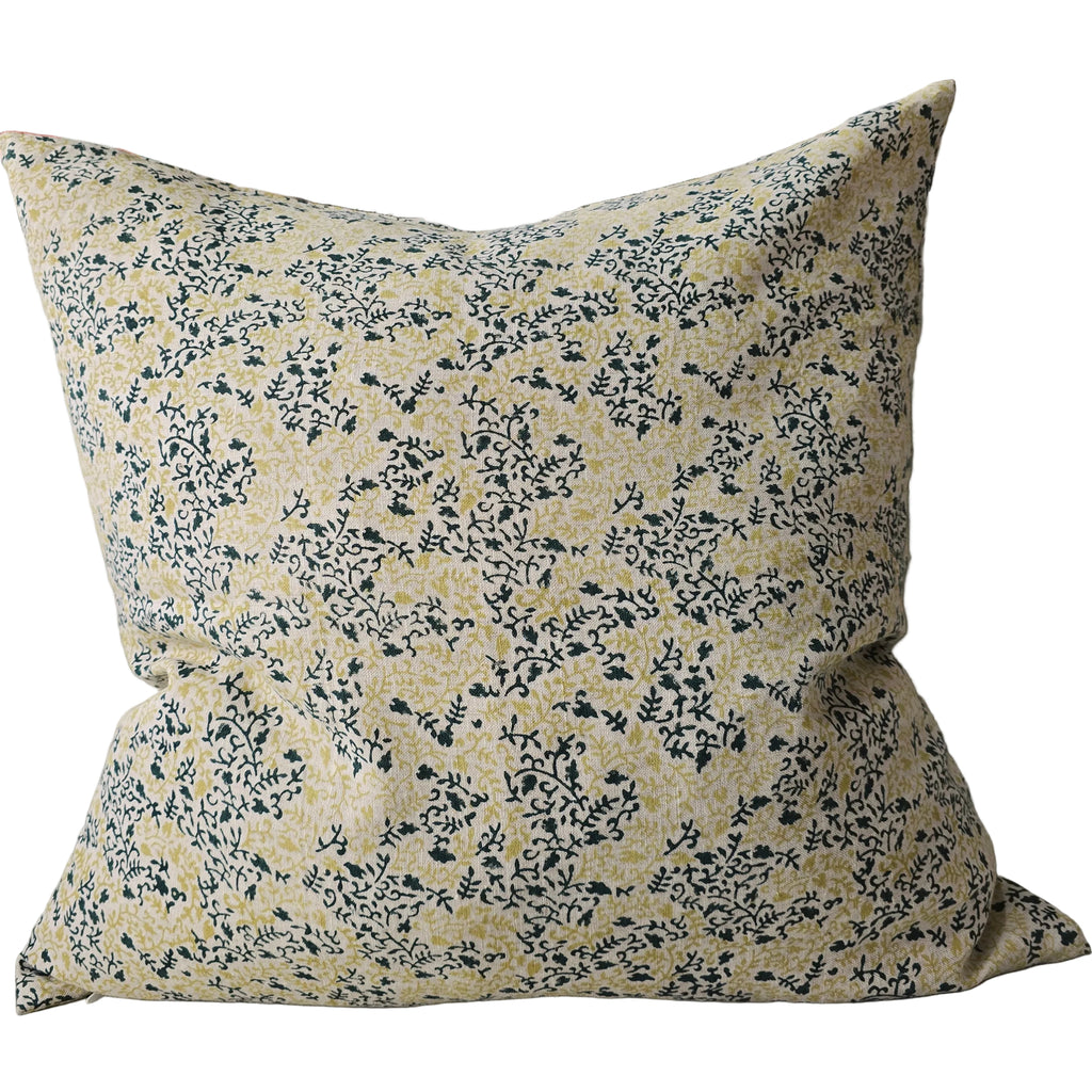 Cecilia Artisan Block Printed Heavy Weight Pure French Linen Cushion 55cm Square - Sycamore Green | Mustard Yellow
