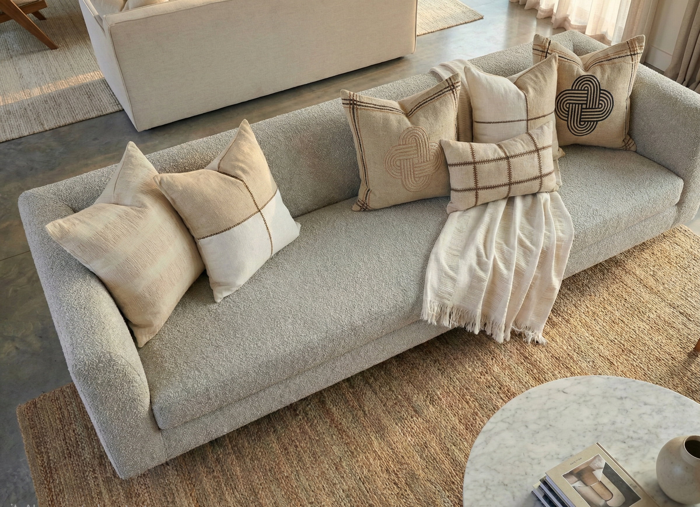 Gray sofa with decorative pillows and a blanket in a living room setting