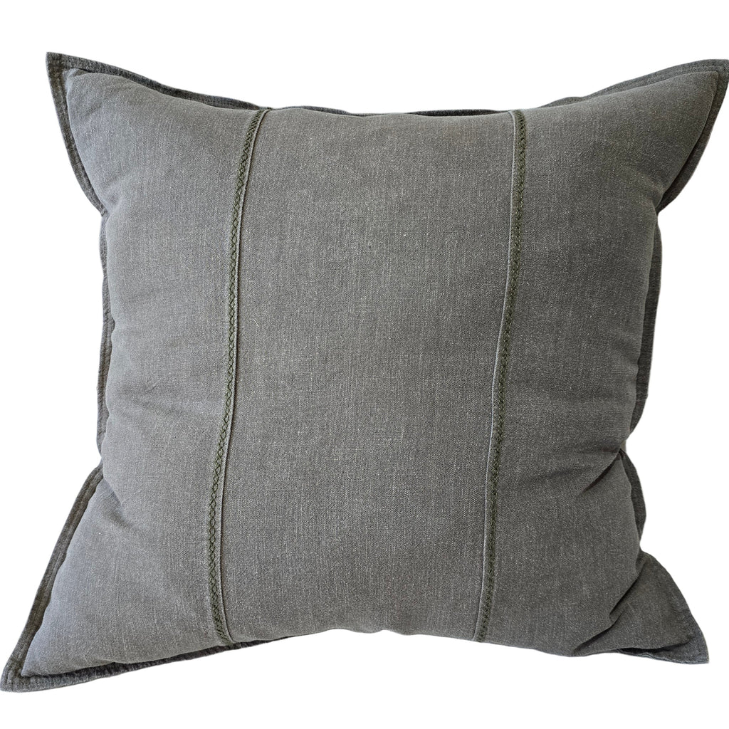PREORDER JANUARY 2026 DROP | Eveleigh Stonewashed Linen Cotton Cushion 55cm Square - Eucalyptus Green | Embroidery Double Striped
