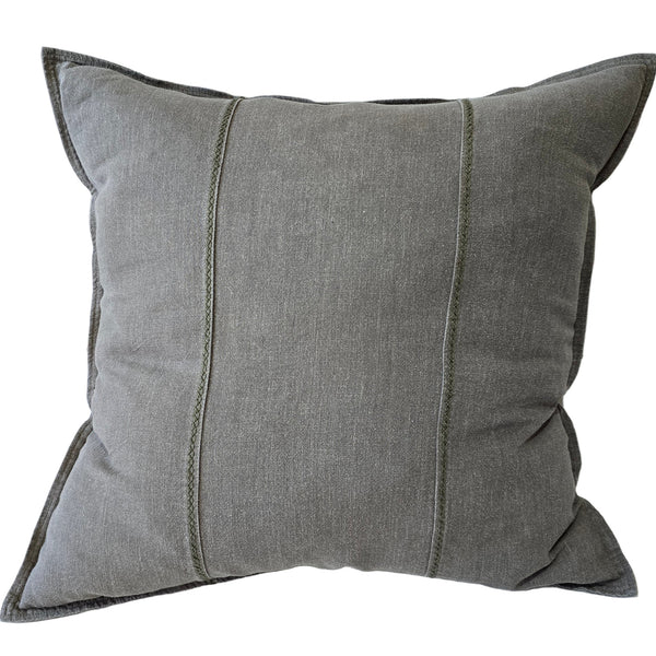 PREORDER JANUARY 2026 DROP | Eveleigh Stonewashed Linen Cotton Cushion 55cm Square - Eucalyptus Green | Embroidery Double Striped