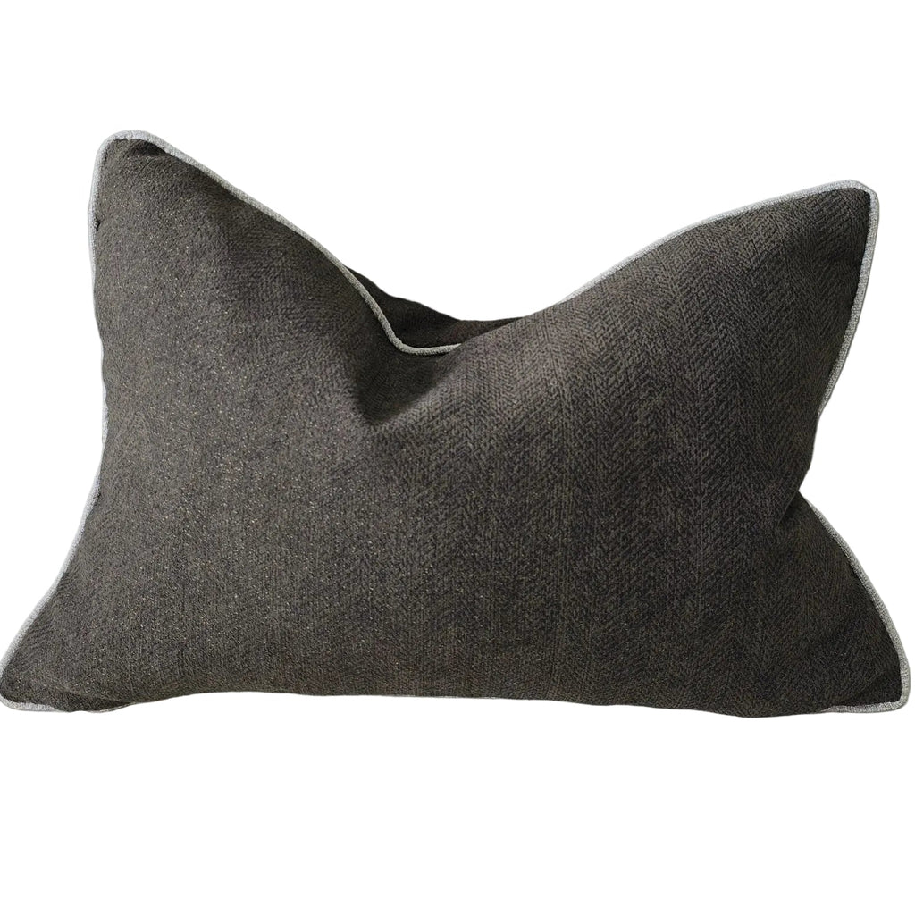 Hailey Linen Chenille Cushion 40x60cm Lumbar - Dark Brown with Natural Piping