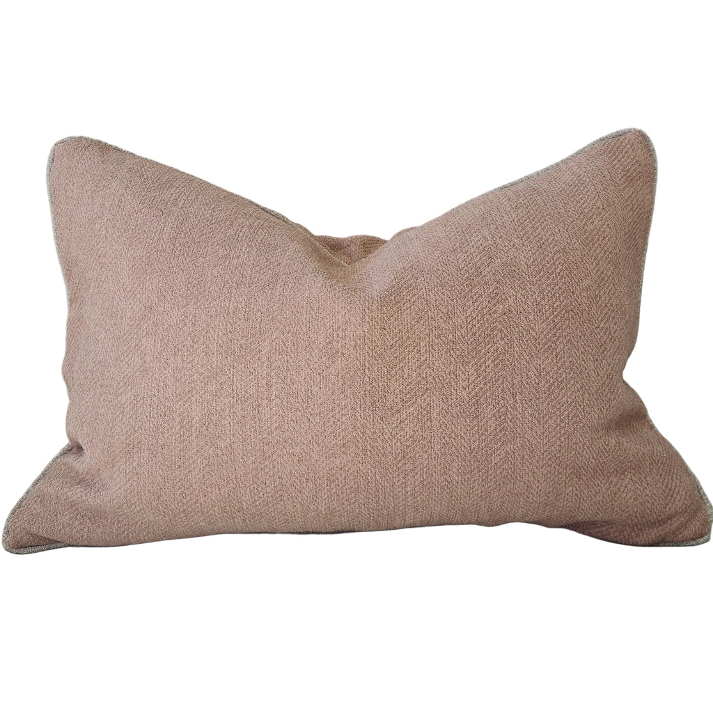 Hailey Linen Chenille Cushion 40x60cm Lumbar - Dusty Pink with Natural Piping