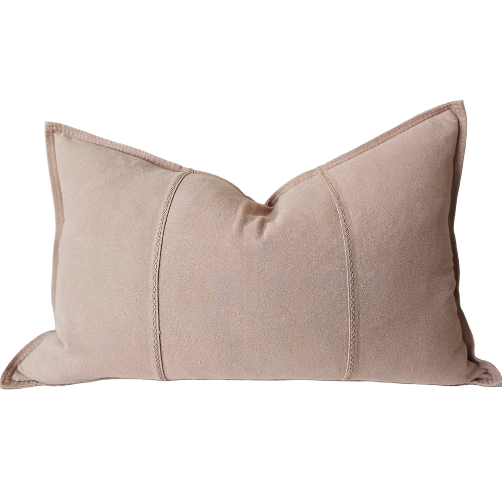 Eveleigh Stonewashed Linen Cotton Cushion 40x60cm Lumbar - Dark Nude | Embroidery Double Striped