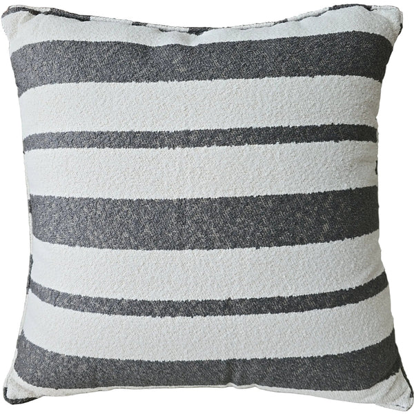 Outdoor Striped pillow with gray and white horizontal stripes on a couch.