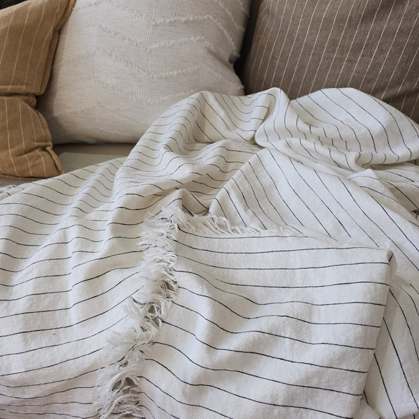 PREORDER MID AUGUST DROP | Everly Pure Linen Fringe Reversible Throw 140cm x 220cm - White | Black Striped