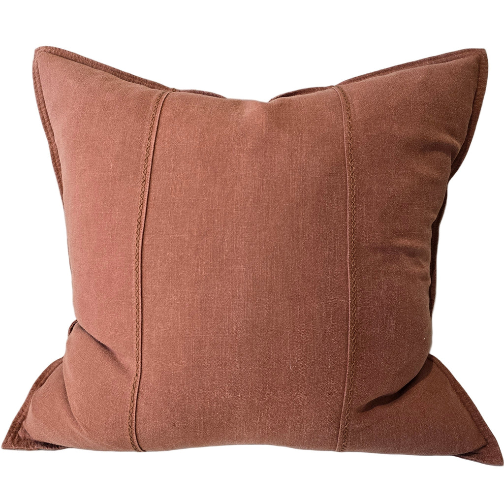 PREORDER JANUARY 2026 DROP | Eveleigh Stonewashed Linen Cotton Cushion 55cm Square - Cinnabar Red | Embroidery Double Striped