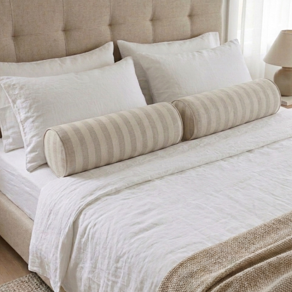 PREORER MID MAY | Isolde Linen Cotton Cushion Bolster 60cm Length - Wide Stripe Natural
