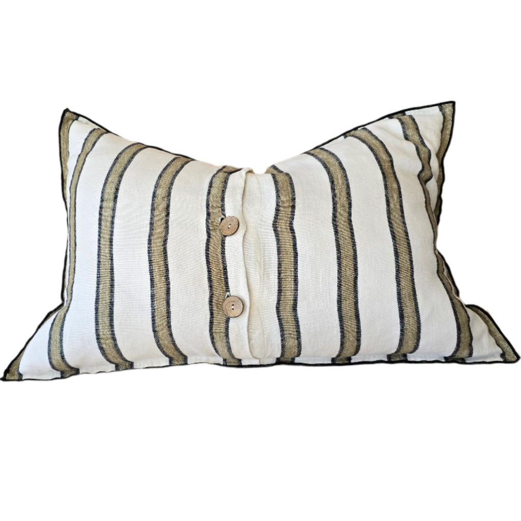 Lola Pure Linen Cushion 40x60cm Lumbar - Olive Green & Black Striped | White Base