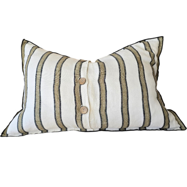 Lola Pure Linen Cushion 40x60cm Lumbar - Olive Green & Black Striped | White Base