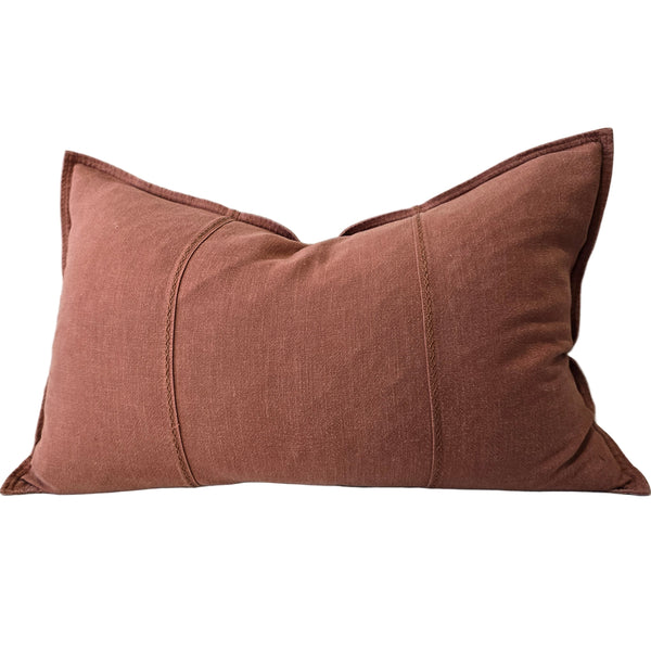 PREORDER JANUARY 2026 DROP | Eveleigh Stonewashed Linen Cotton Cushion 40x60cm Lumbar - Cinnabar Red | Embroidery Double Striped