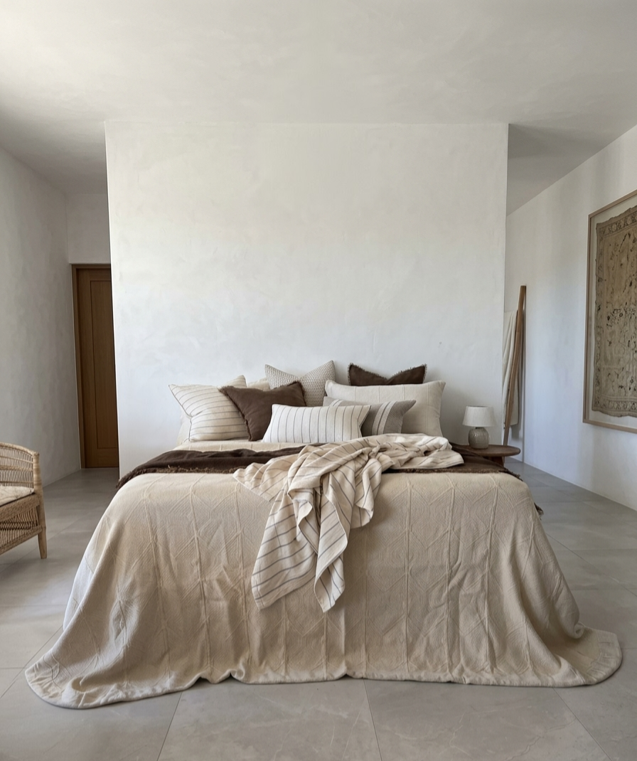 Sahara Linen Cotton Quilted Bed Cover Massive Blanket Coverlet Set 240cm x 260cm +2 Pillowcases - Warm White