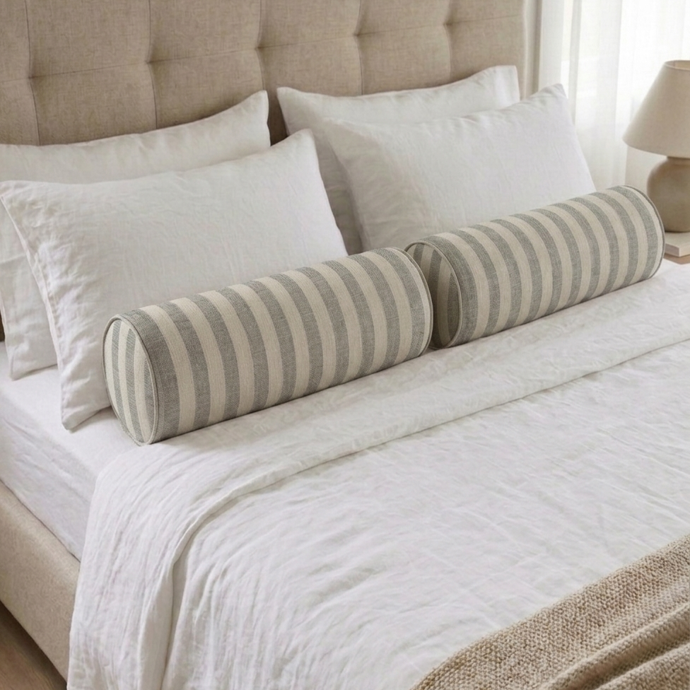 PREORER LATE MAY | Isolde Linen Cotton Cushion Bolster 60cm Length - Wide Stripe Oatmeal