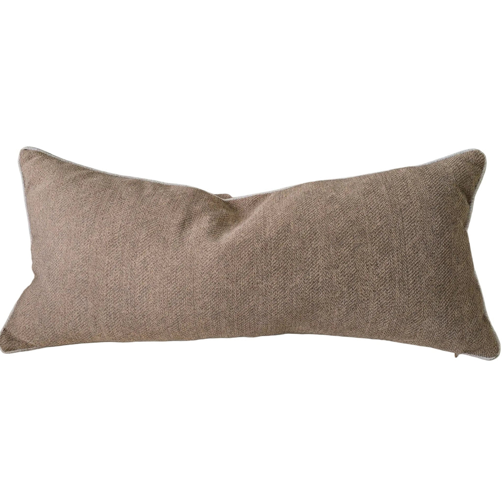 Hailey Linen Chenille Cushion 40x90cm Long Lumbar - Camel Brown with Natural Piping