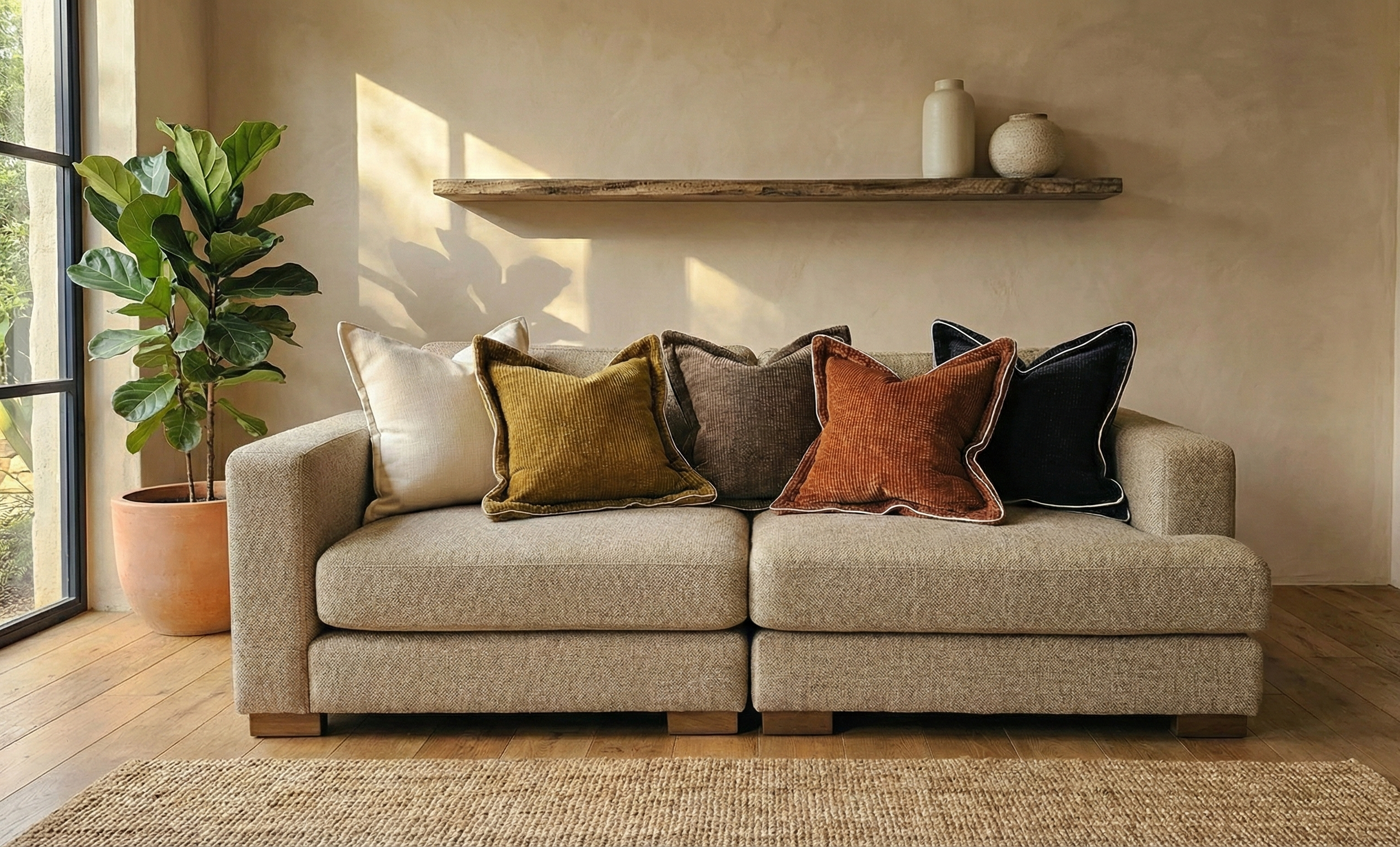 Beige sofa with colorful pillows in a living room setting with a plant and shelf.