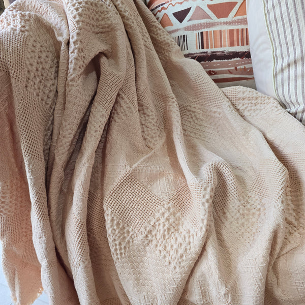 Aurora Waffle Cotton Fringe Throw 140x200cm | Vanilla