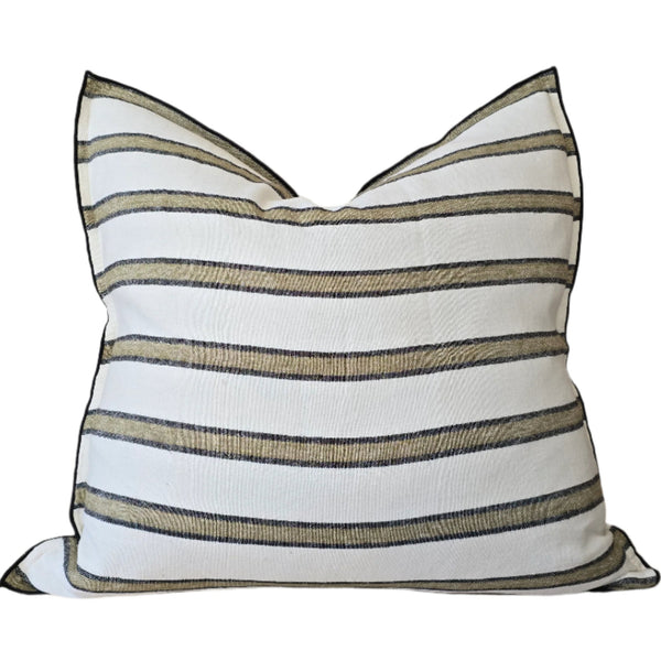Striped pillow with beige and white stripes on a white background