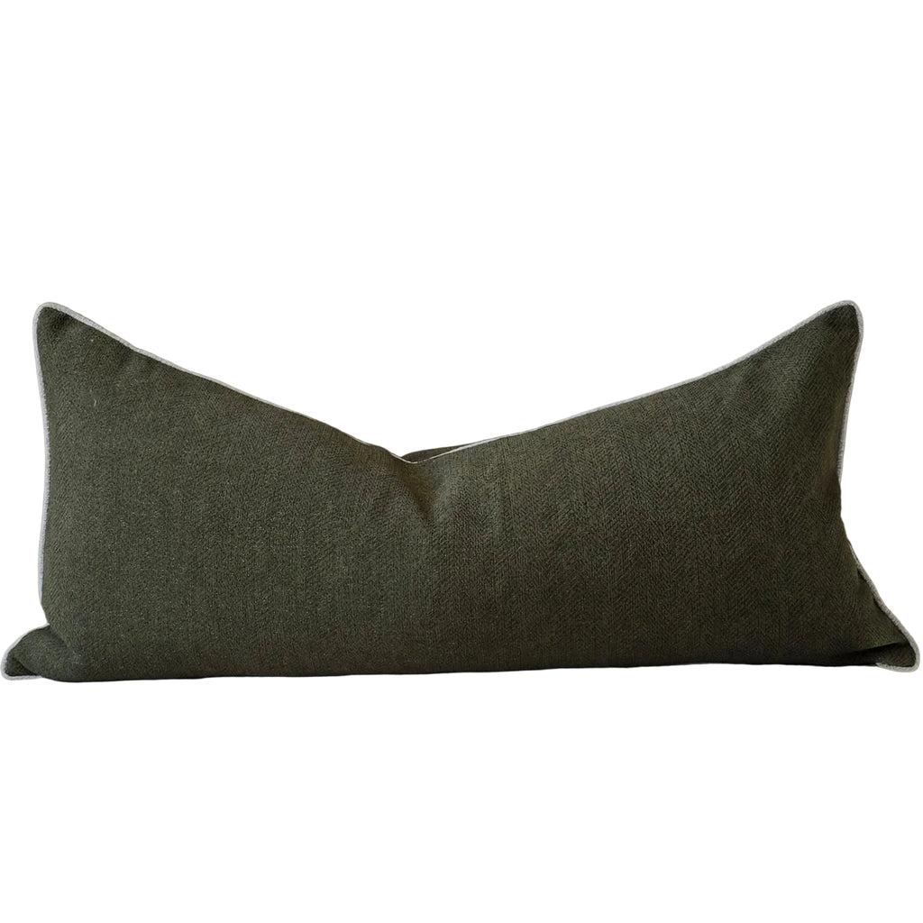 Hailey Linen Chenille Cushion 40x90cm Long Lumbar - Moss Green with Natural Piping