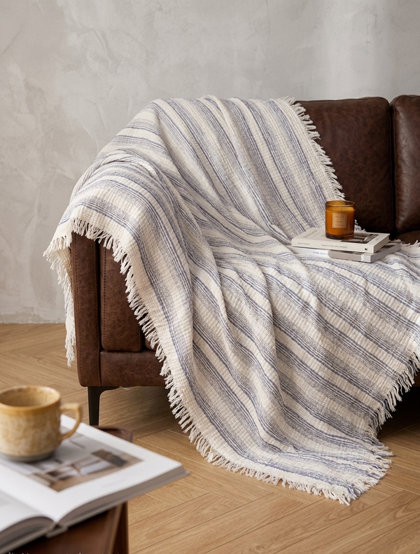 PREORDER MID-END SEP DROP | Twilight Stripe Cotton Throw 150cm x 200cm - Navy Blue | Cream White