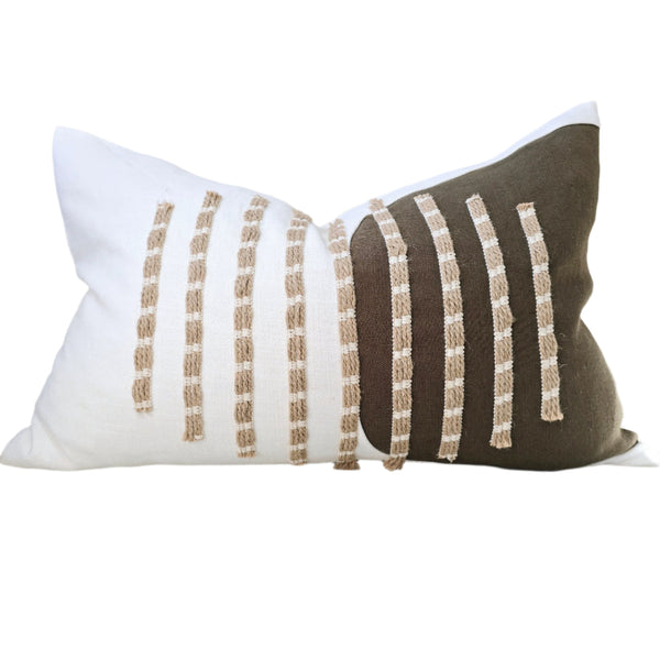 Maya Embroidery Linen Cushion 40x60cm Lumbar - Jute | White | Army Green