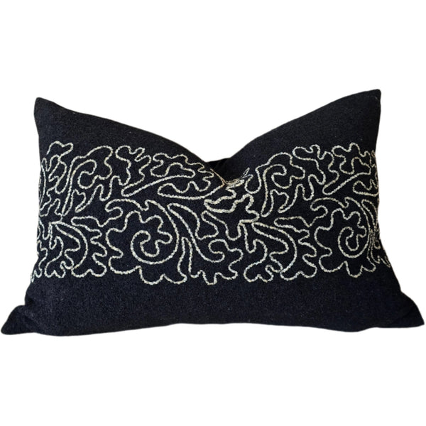 Blakely Cushion 40x60cm Lumbar | Black with White Grey Embroidery