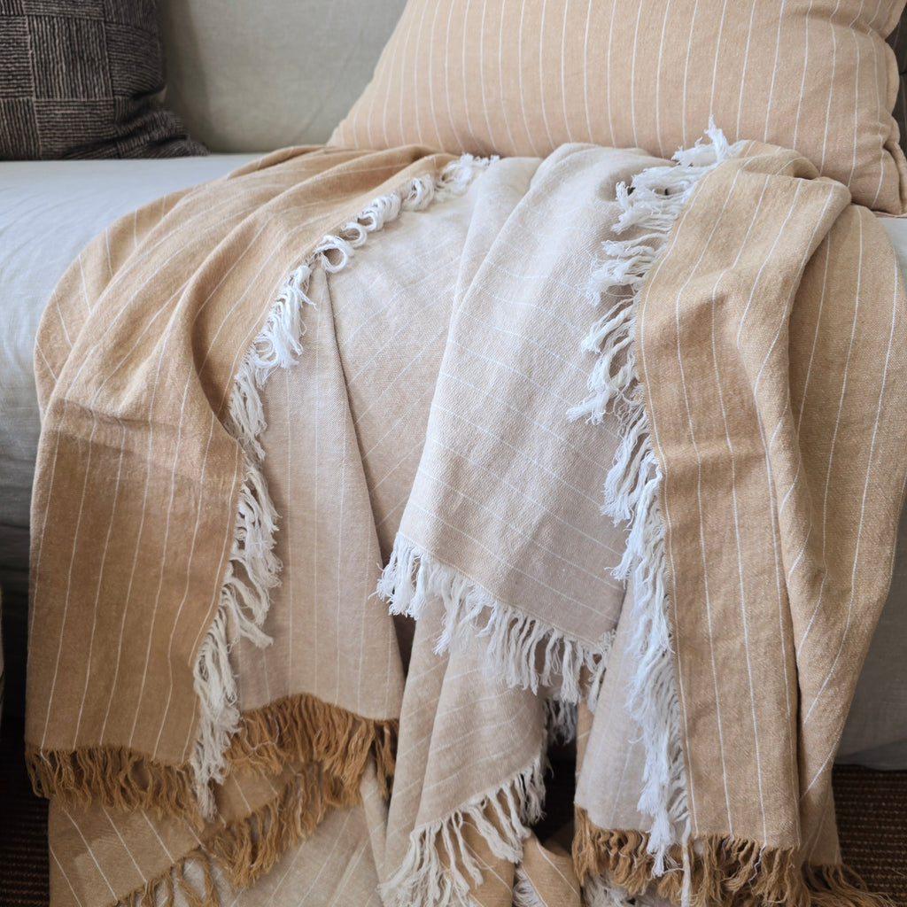 Everly Pure Linen Fringe Reversible Throw 140cm x 220cm - Peach Yellow