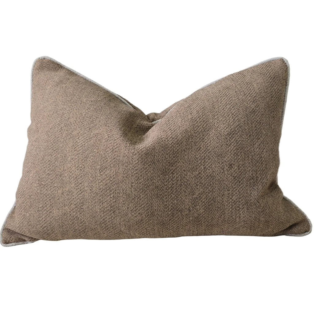 Hailey Linen Chenille Cushion 40x60cm Lumbar - Camel Brown with Natural Piping