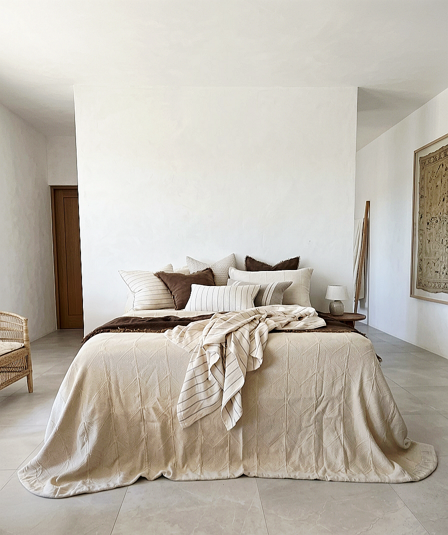 Sahara Linen Cotton Quilted Bed Cover Massive Blanket Coverlet Set 240cm x 260cm +2 Pillowcases - Warm White