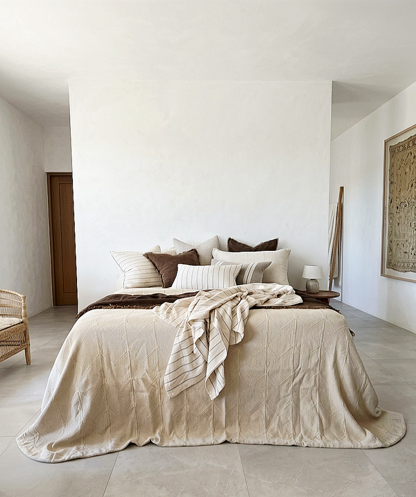 Sahara Linen Cotton Quilted Bed Cover Massive Blanket Coverlet Set 240cm x 260cm +2 Pillowcases - Warm White