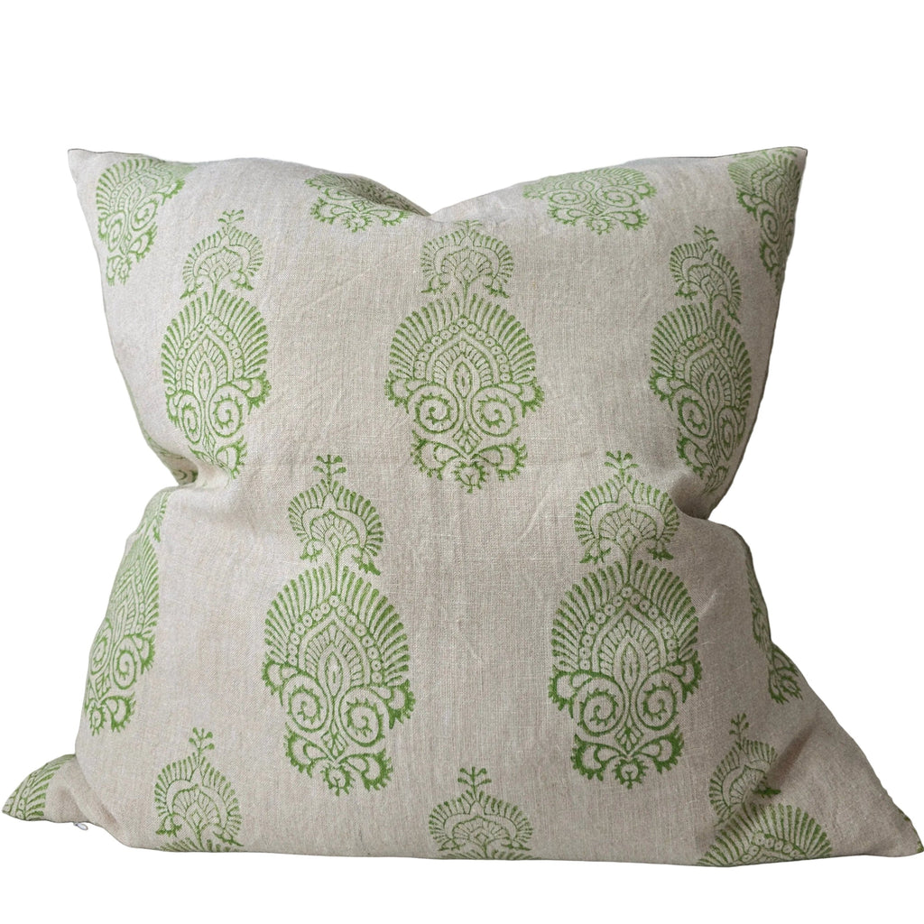 Candi Dasa Artisan Block Printed Heavy Weight Pure French Linen Cushion 55cm Square - Sage Green