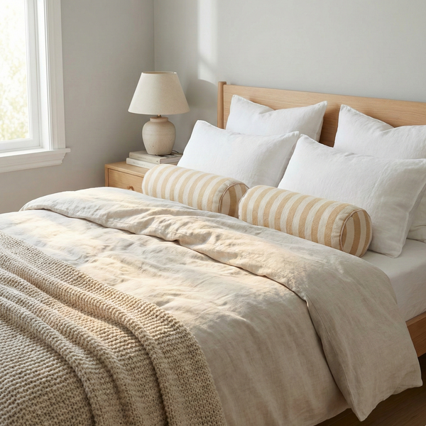 Neatly made bed with beige and white bedding in a bright bedroom.