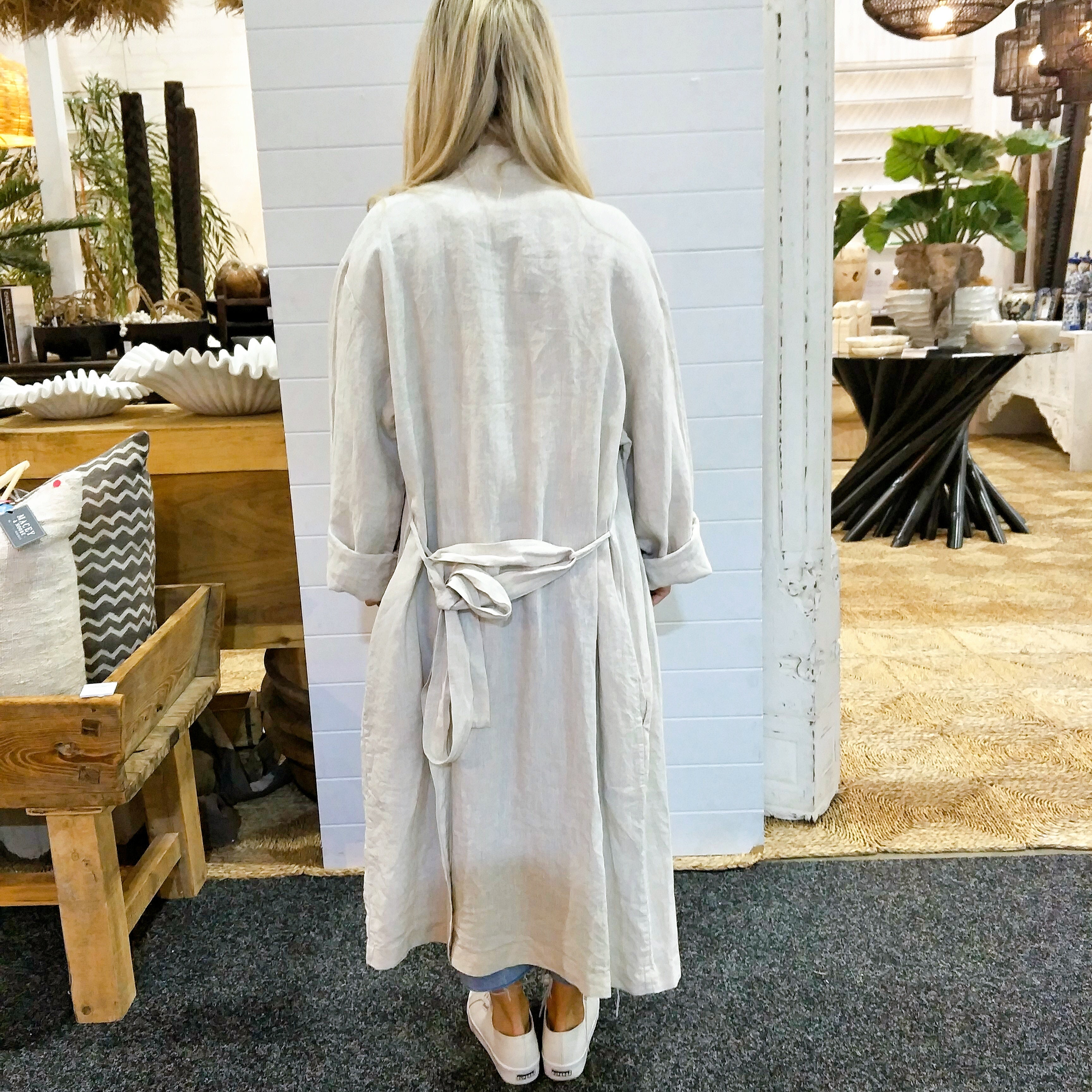 Pure French Linen Dressing Gown Bathrobe - Natural Macey & Moore Pure French Linen Dressing Gown Bathrobe - Natural Macey & Moore