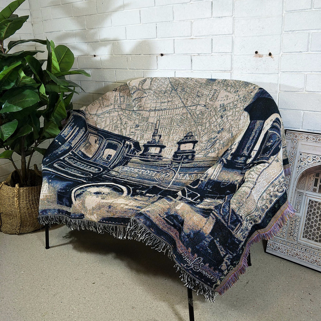Woven Tapestry Picnic Rug Beach Blanket- Boston Railway Nostalgia