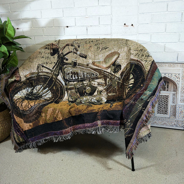 Woven Tapestry Picnic Rug Beach Blanket- Bike on Country Road