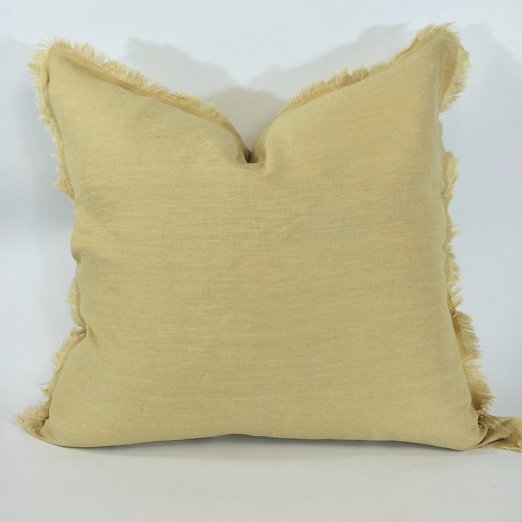 Hazelhurst 100% Pure French Linen Fringed Edge Cushion Square Feather Filled 50cm- Lemon