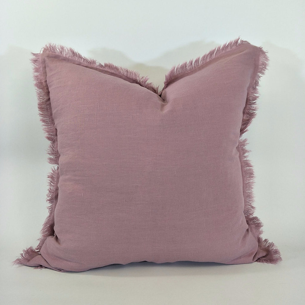 Hazelhurst 100% Pure French Linen Fringed Edge Cushion Square Feather Filled 50cm- Rose Pink