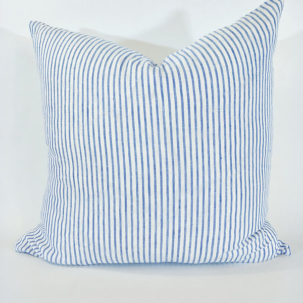 Atlantic Ocean 100% Pure French Linen Yarn Dyed Cushion Feather Filled 50cm & 60cm Square-Blue White Stripe