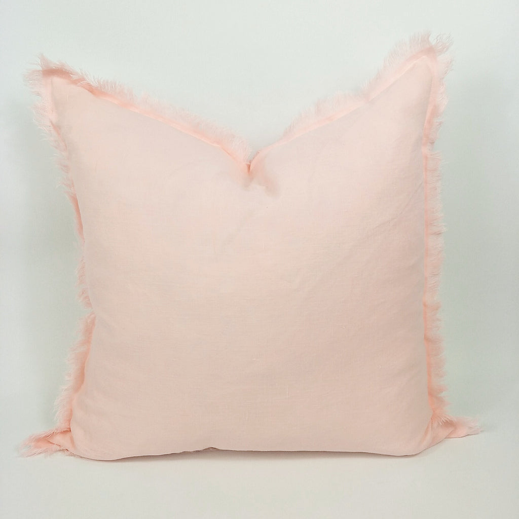 Hazelhurst 100% Pure French Linen Fringed Edge Cushion Square Feather Filled 50cm- Blush Pink