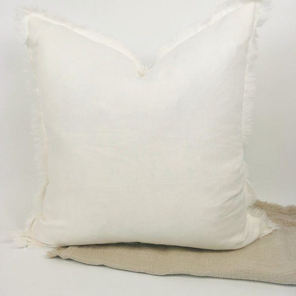 Hazelhurst 100% Pure French Linen Fringed Edge Cushion Square Feather Filled 50cm- Warm White