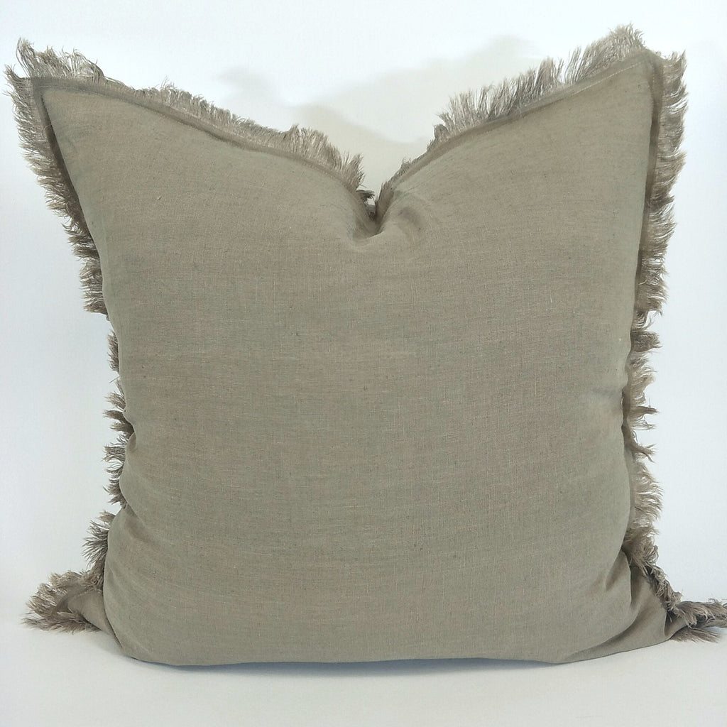 Hazelhurst 100% Pure French Linen Fringed Edge Cushion Square Feather Filled 50cm- Mocha