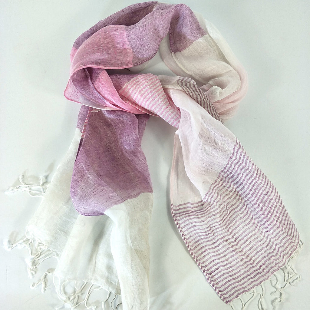 Yarn Dyed French Linen Scarf with Hand Kotted Edge - Emily